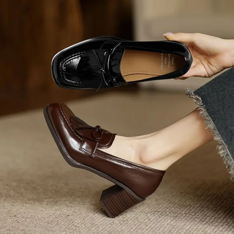 Women's Leather Loafers - Tassel Bow - Square Toe - Block Heel