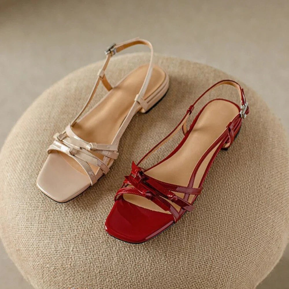 Women's Strappy Sandals - Square Toe - Slingback Buckle - Low Block Heel