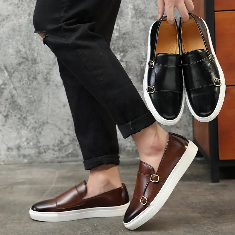 Men’s Slip-On Loafers with Almond Toe, Double Buckle Detail, and Flat Sole