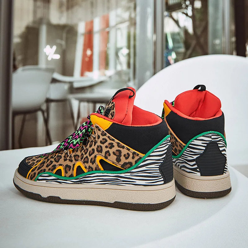 Unisex Leopard Print High-Top Sneakers with Bold Lace Detail