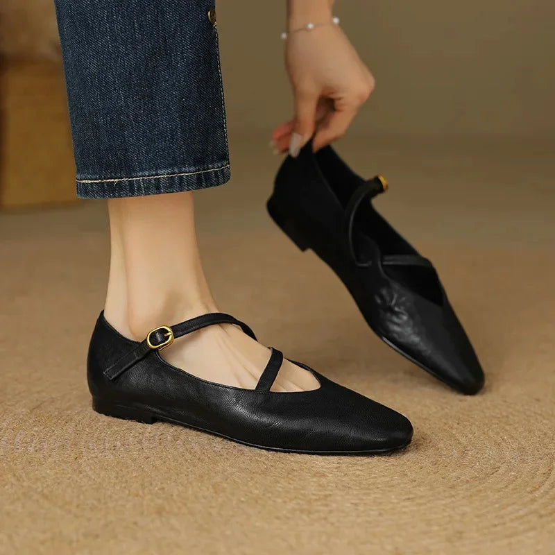 Women's Mary Jane Square Toe Leather Flats - Ankle Strap Buckle