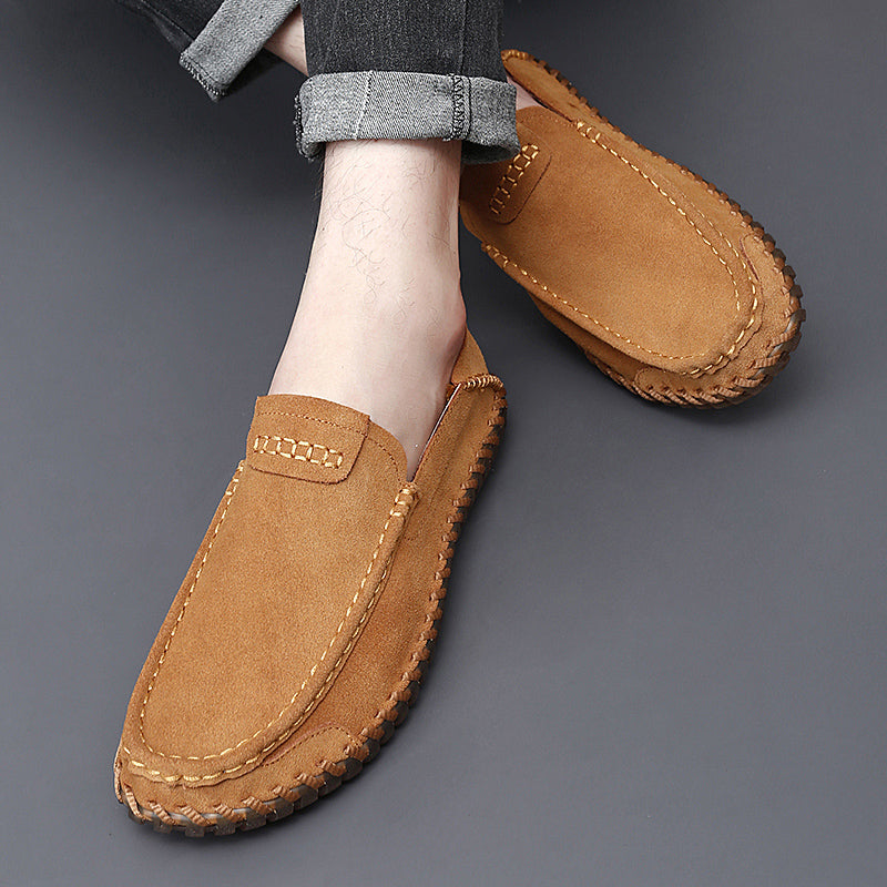Men's Suede Slip-On Loafers - Rounded Toe - Stitched Moccasin Sole
