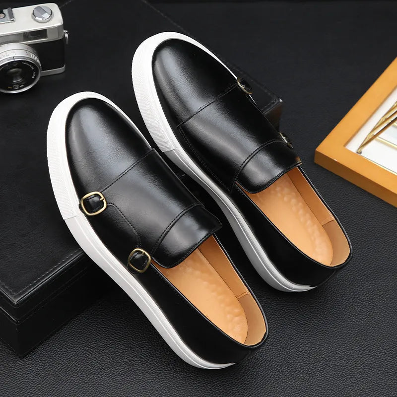 Men’s Slip-On Loafers with Almond Toe, Double Buckle Detail, and Flat Sole