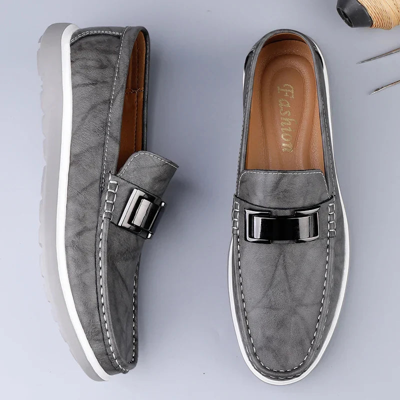 Men’s Almond Toe Slip-On Loafers with Metal Bit Detail and Flat Rubber Sole