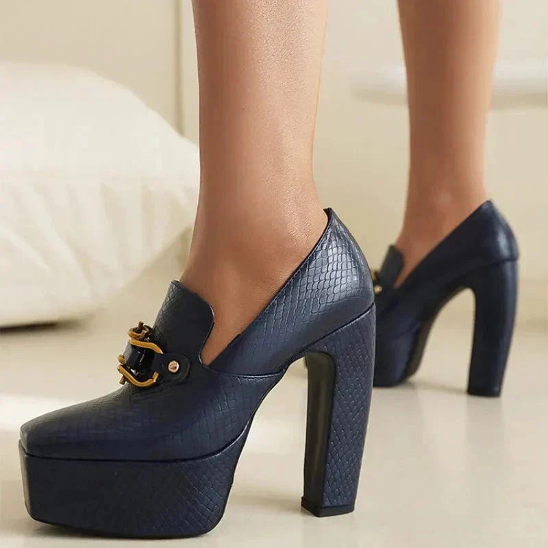 Women's Platform Heels – Square Toe Block Heel Loafer Pump with Metal Chain Detail