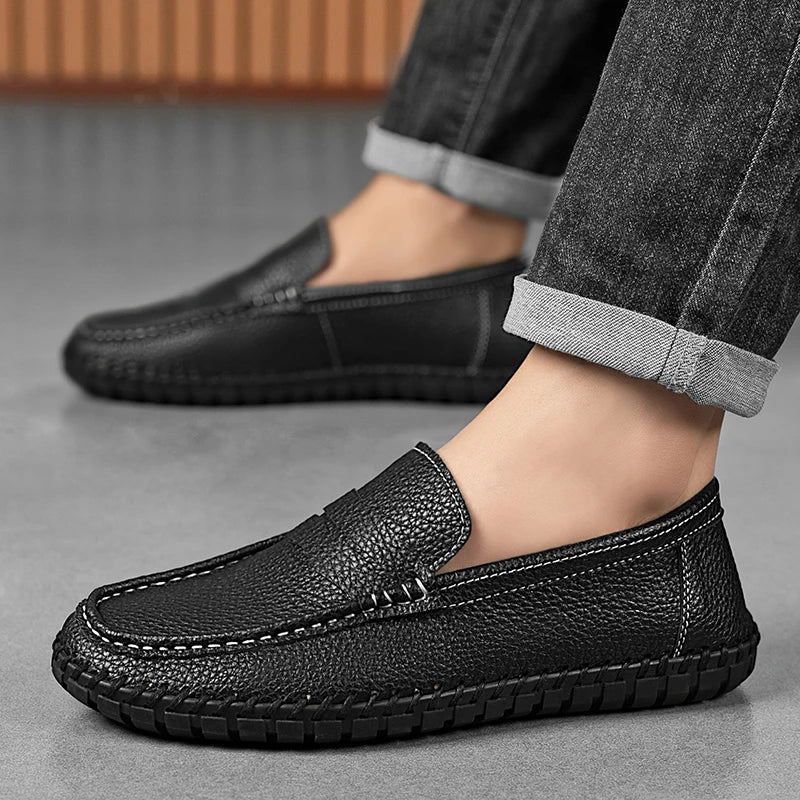 Men's Genuine Leather Penny Loafers - Hand-Stitched Slip-On
