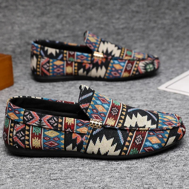 Men's Slip-On Canvas Loafers - Round Toe - Geometric Print - Flat Sole