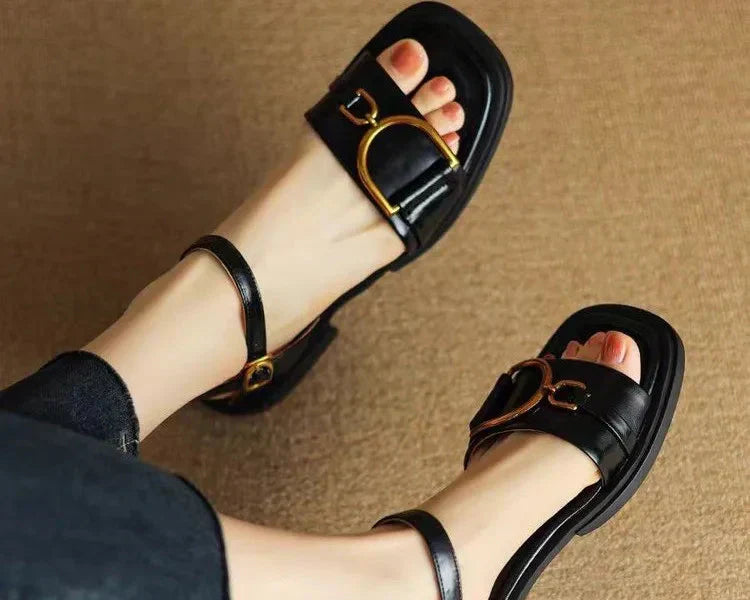 Women’s Open Toe Sandals with Buckle Strap and Metal Hardware