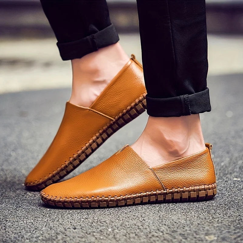 Men’s Slip-On Leather Summer Loafers with Almond Toe and Stitched Flat Sole