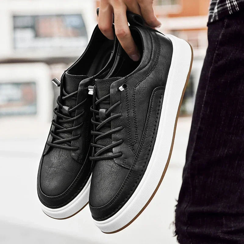 Men's Leather Low-Top Sneakers - Lace-Up Moc-Toe White Sole