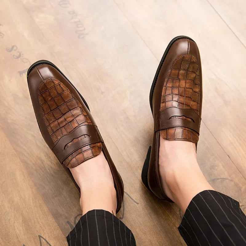 Men's Crocodile Embossed Penny Loafers - Slip-On Leather