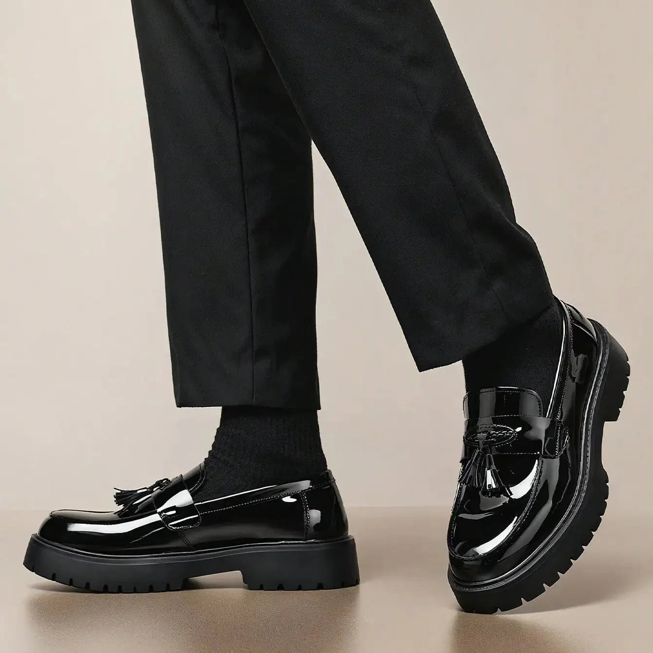 Men's Leather Loafers Platform Tassel Slip-On Penny Loafers