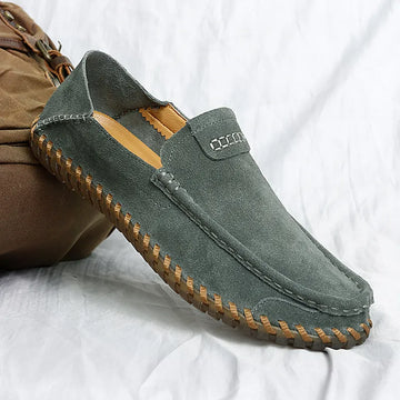 Men's Suede Slip-On Loafers - Rounded Toe - Stitched Moccasin Sole
