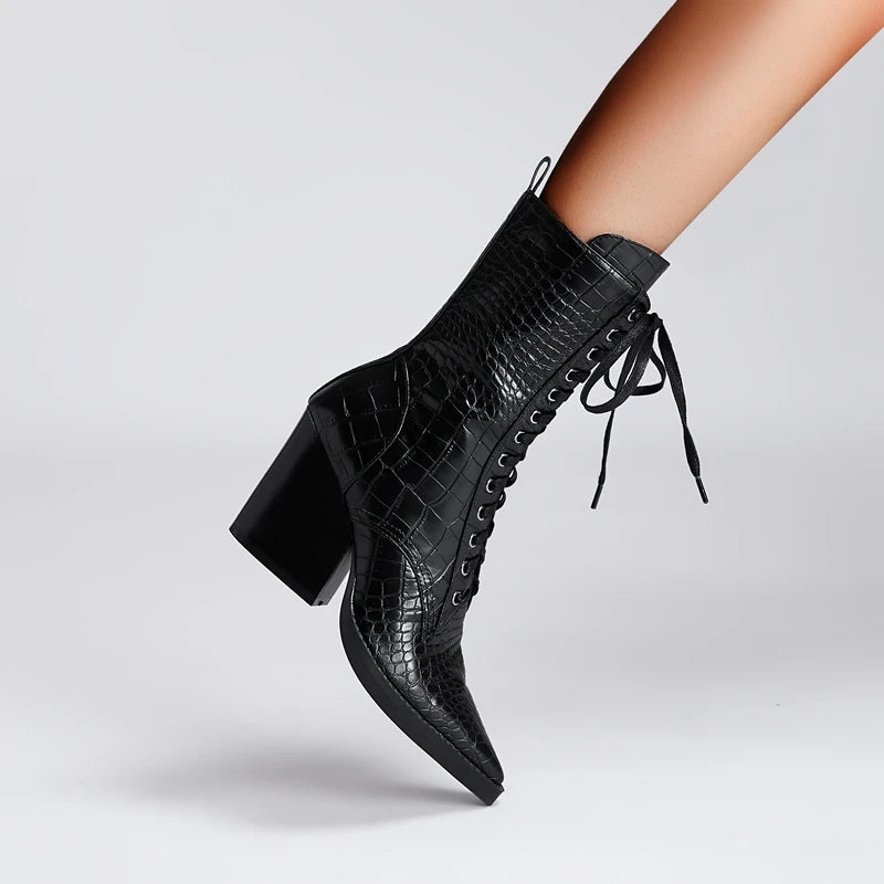 Women’s Faux-Leather Lace-Up Pointed-Toe Boots with Croc Texture and Block Heel