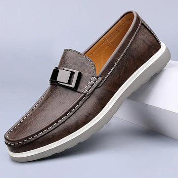 Men’s Almond Toe Slip-On Loafers with Metal Bit Detail and Flat Rubber Sole