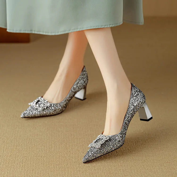 Women's Glitter Pumps - Pointed Toe - Rhinestone Detail - Block Heel
