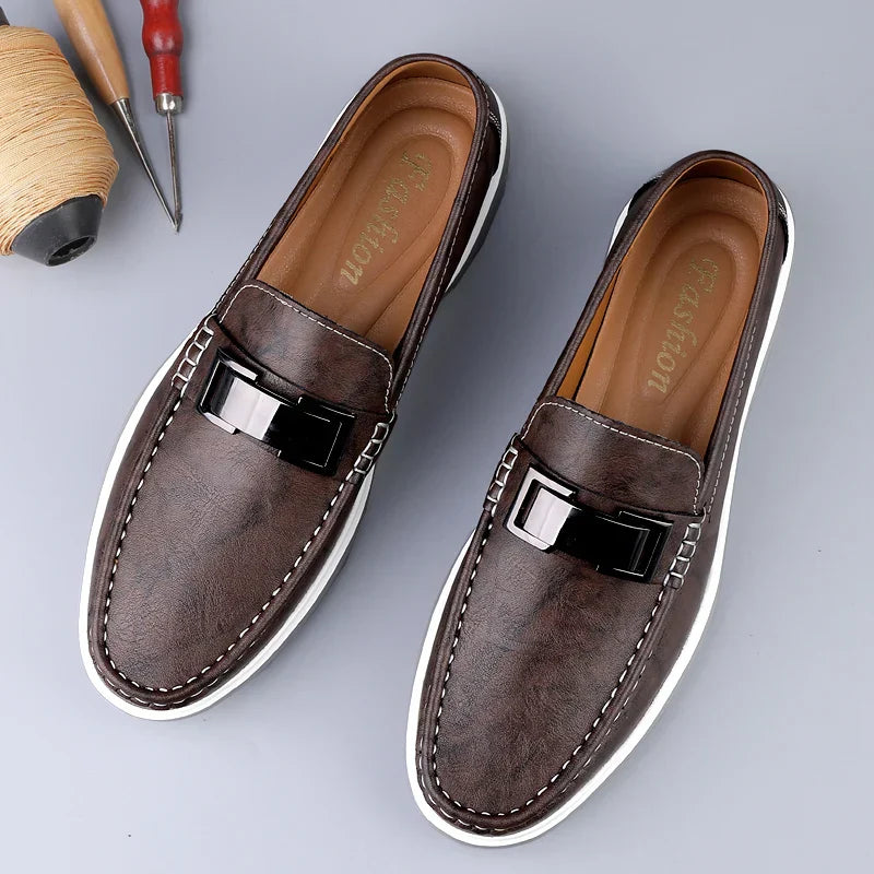 Men’s Almond Toe Slip-On Loafers with Metal Bit Detail and Flat Rubber Sole