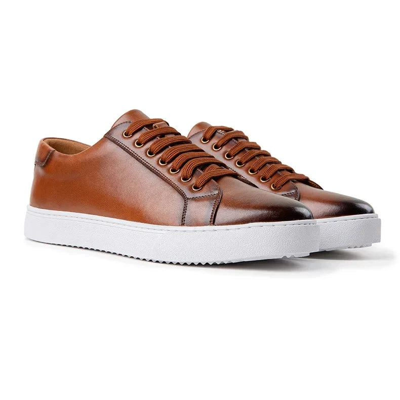 Men’s Faux Leather Low-Top Lace-Up Sneakers with White Rubber Sole