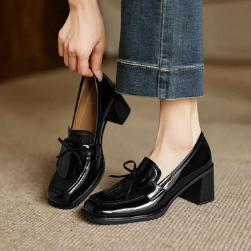 Women's Leather Loafers - Tassel Bow - Square Toe - Block Heel