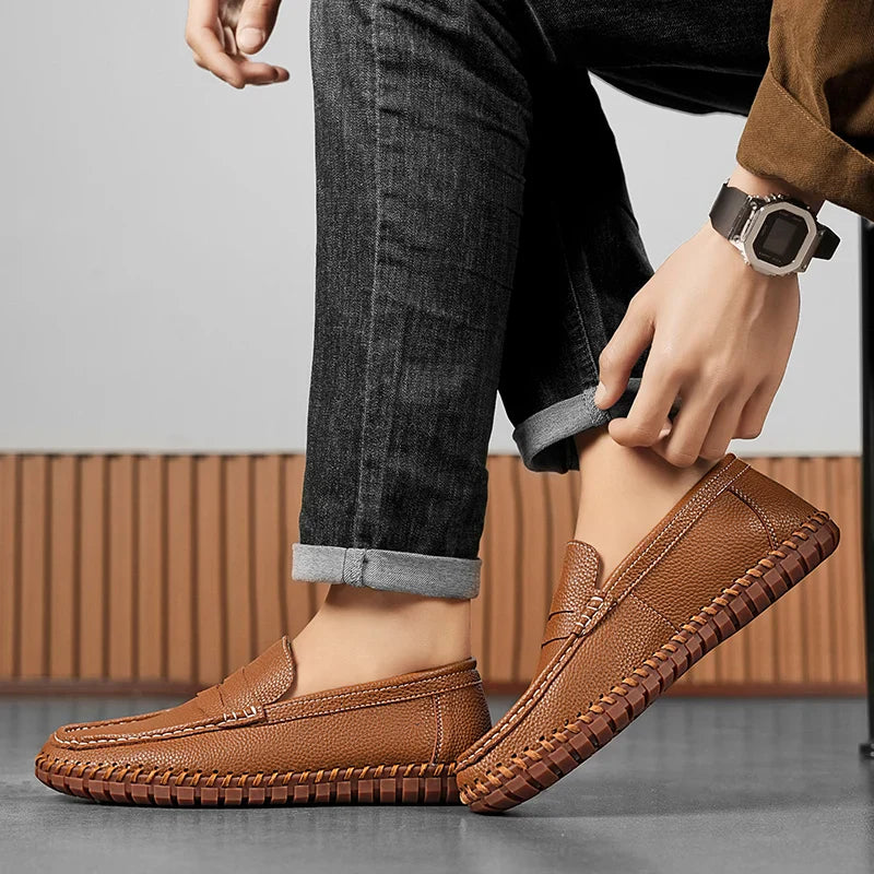 Men's Genuine Leather Penny Loafers - Hand-Stitched Slip-On