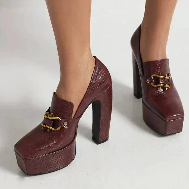 Women's Platform Heels – Square Toe Block Heel Loafer Pump with Metal Chain Detail
