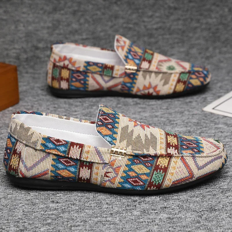 Men's Slip-On Canvas Loafers - Round Toe - Geometric Print - Flat Sole