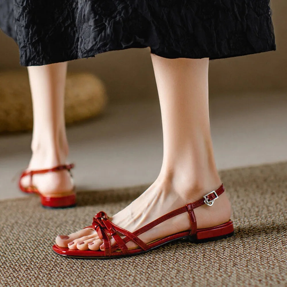 Women's Strappy Sandals - Square Toe - Slingback Buckle - Low Block Heel