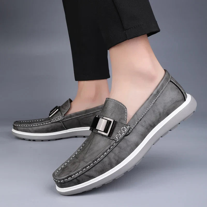 Men’s Almond Toe Slip-On Loafers with Metal Bit Detail and Flat Rubber Sole