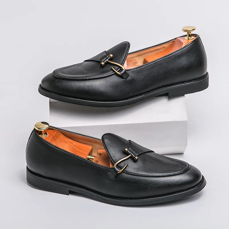 Men’s Classic Slip-On Loafers with Rounded Toe and Metal Detail