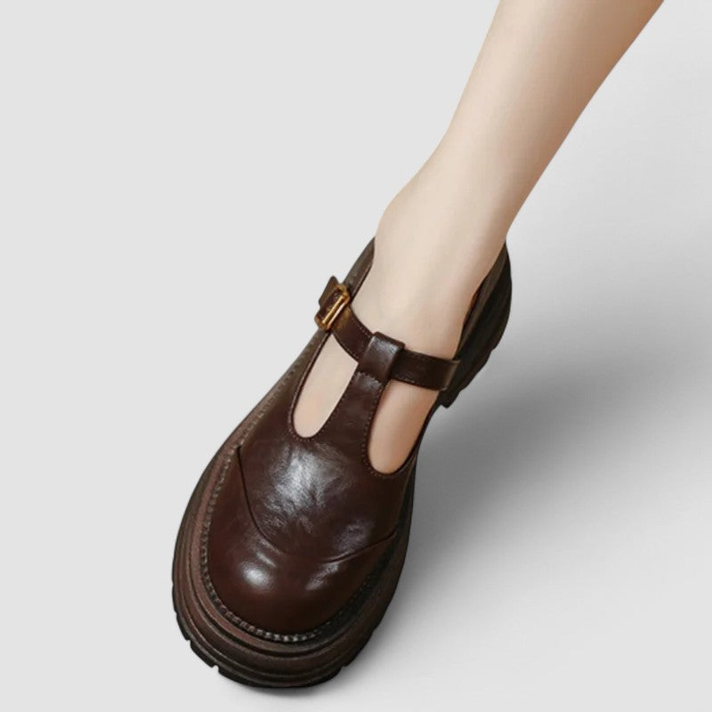 Women's Leather Mary Jane T-Bar Buckle Platform Heels