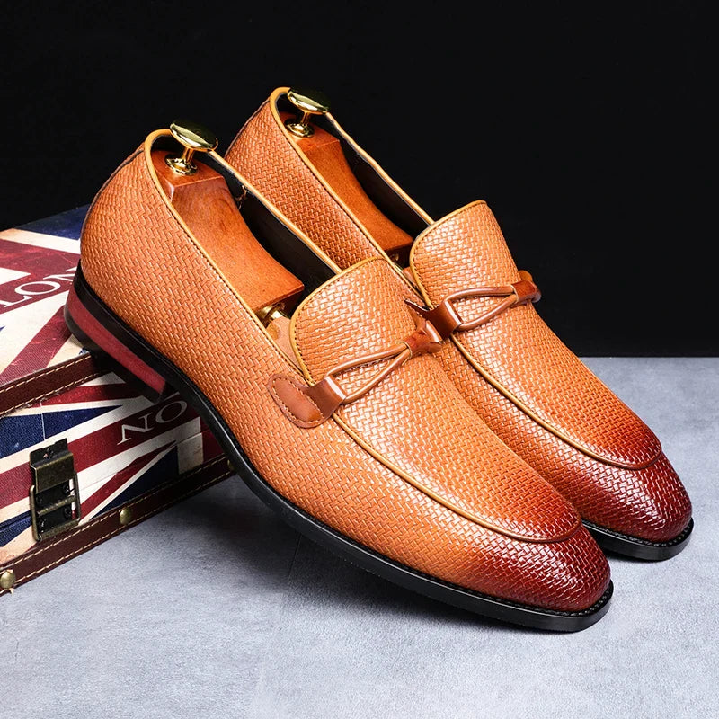 Men's Penny Loafers - Pointed Toe - Woven Texture Upper - Low Block Heel