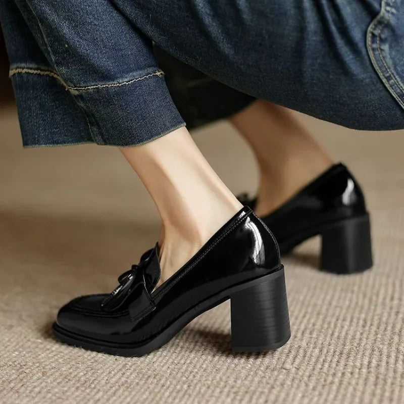 Women's Leather Loafers - Tassel Bow - Square Toe - Block Heel