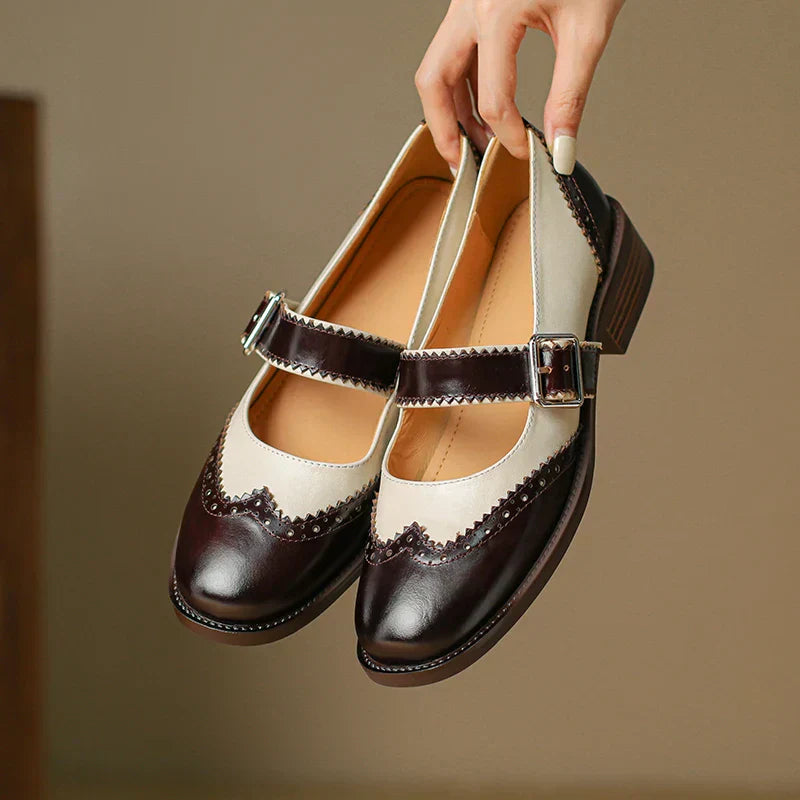Women's Classic Mary Jane Shoes - Brogue Detail - Two-Tone Leather