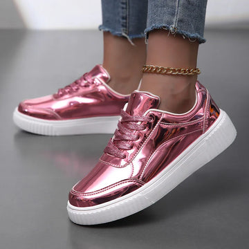 Women's Metallic Platform Sneakers - Round Toe Lace-Up Low-Top