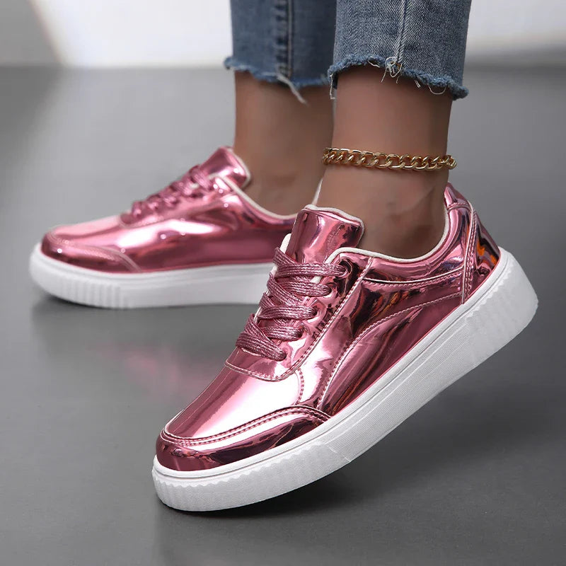 Women's Metallic Platform Sneakers - Round Toe Lace-Up Low-Top