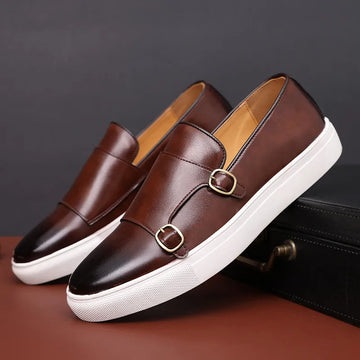 Men’s Slip-On Loafers with Almond Toe, Double Buckle Detail, and Flat Sole
