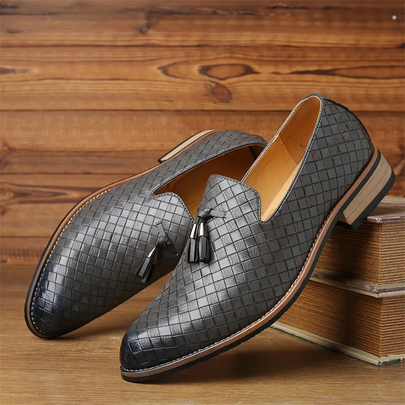Men’s Woven Texture Slip On Loafers – Low Heel Closed Toe Shoes - Tassel Detailing