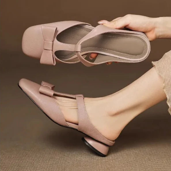 Women’s Retro Leather Mule Flats with Bow Detail & Square Toe