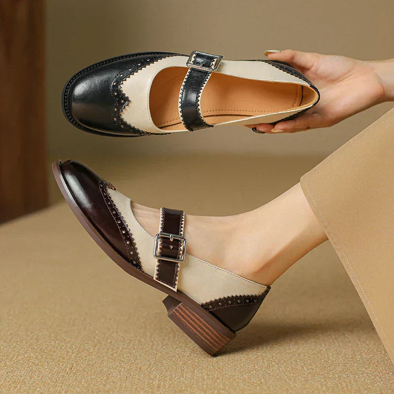 Women's Classic Mary Jane Shoes - Brogue Detail - Two-Tone Leather