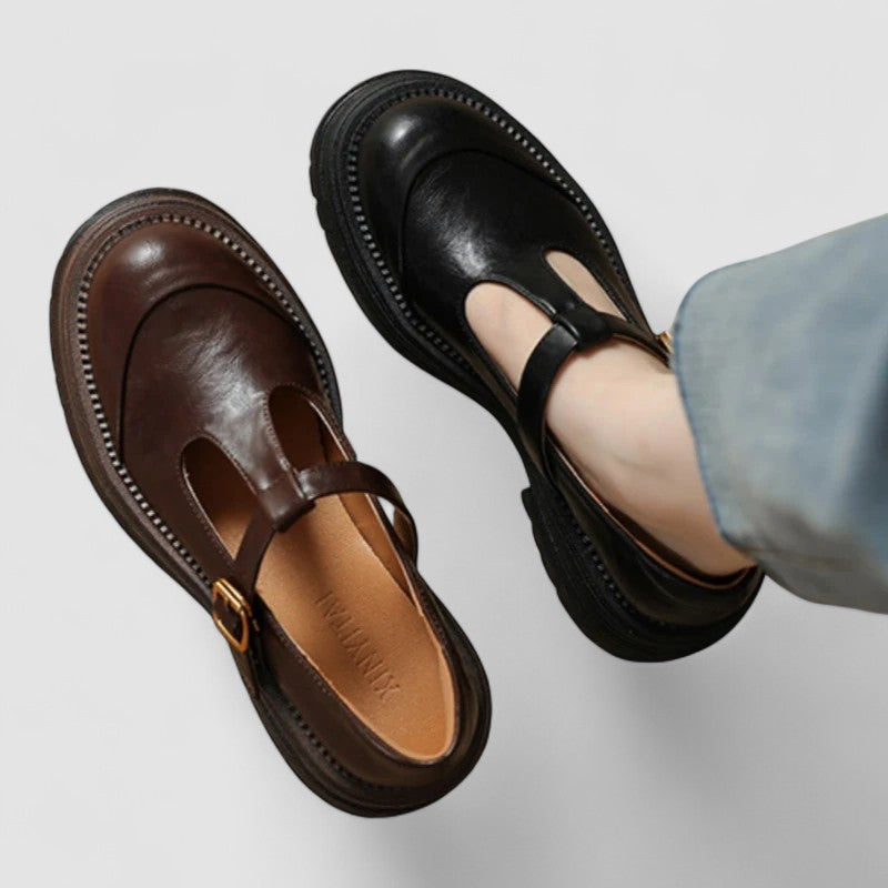 Women's Leather Mary Jane T-Bar Buckle Platform Heels