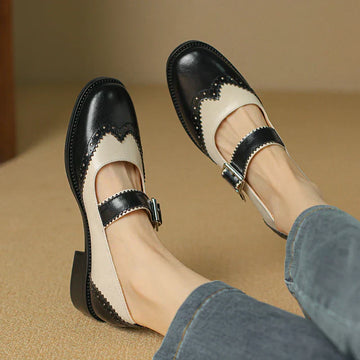Women's Classic Mary Jane Shoes - Brogue Detail - Two-Tone Leather