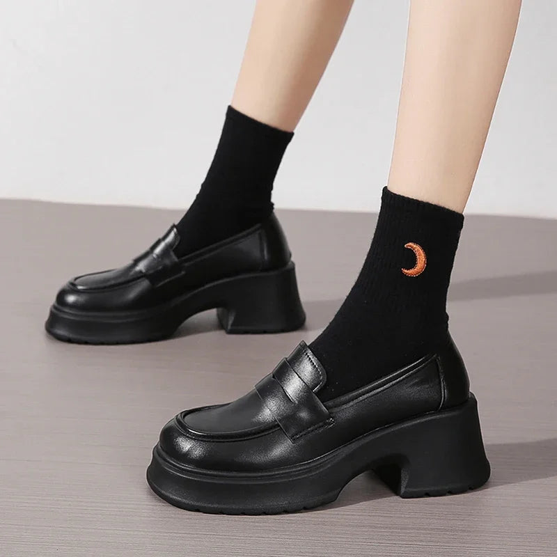 Women's Platform Loafers – Square Toe Slip-On Chunky Heel Loafers