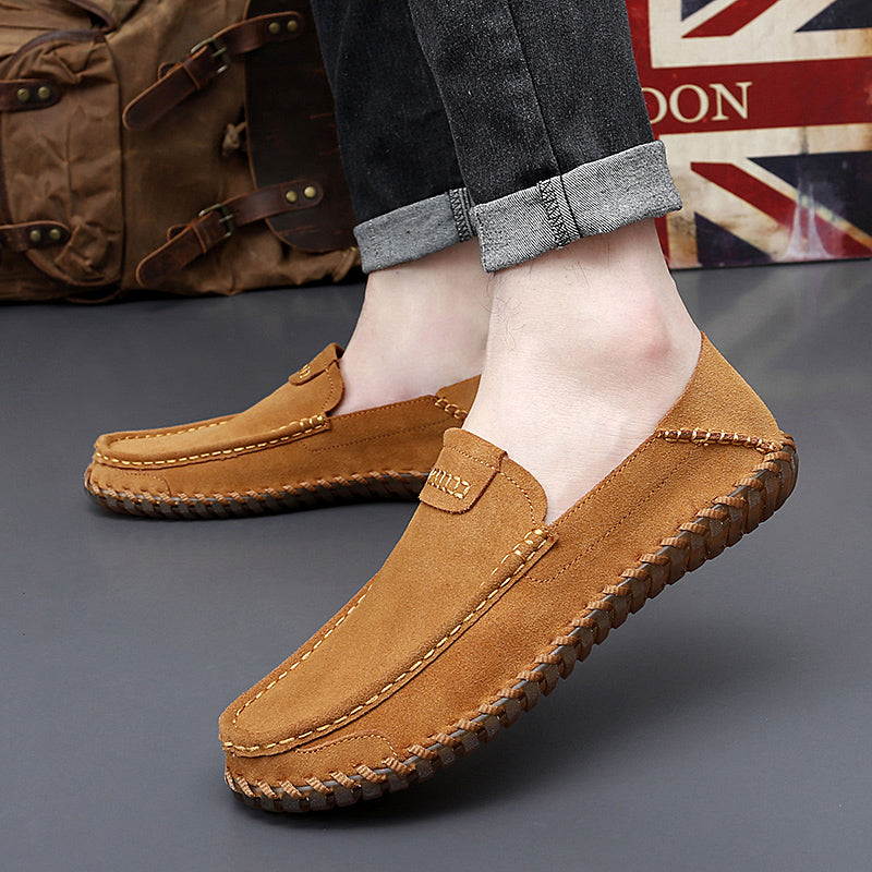 Men's Suede Slip-On Loafers - Rounded Toe - Stitched Moccasin Sole
