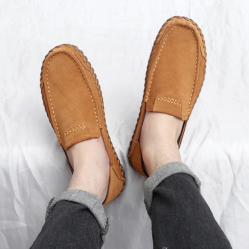 Men's Suede Slip-On Loafers - Rounded Toe - Stitched Moccasin Sole