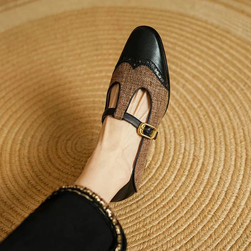 Women's Mary Jane Flats - T-Strap Buckle - Leather and Fabric Upper