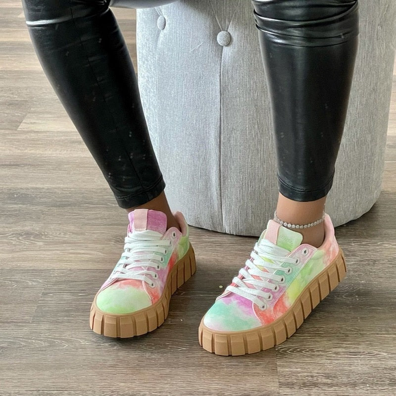 Women's Platform Sneakers - Low-Top Lace-Up Canvas Shoes