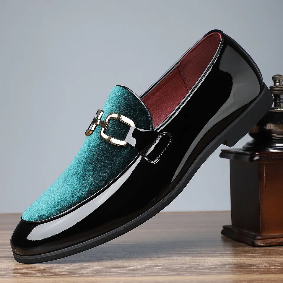 Men's Patent Leather Suede Panel Horsebit Penny Loafers