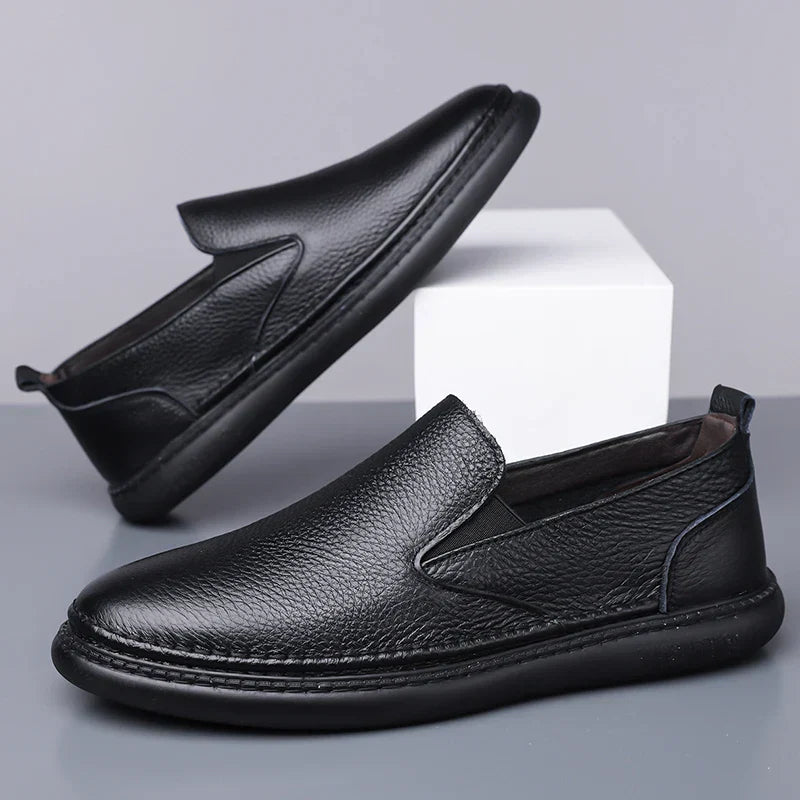 Men’s Round Toe Faux Leather Slip-On Casual Shoes with Elastic Side Panels