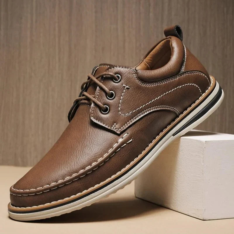 Men’s Rounded Toe Lace-Up Casual Shoes with Moc Stitching and Flat Rubber Sole