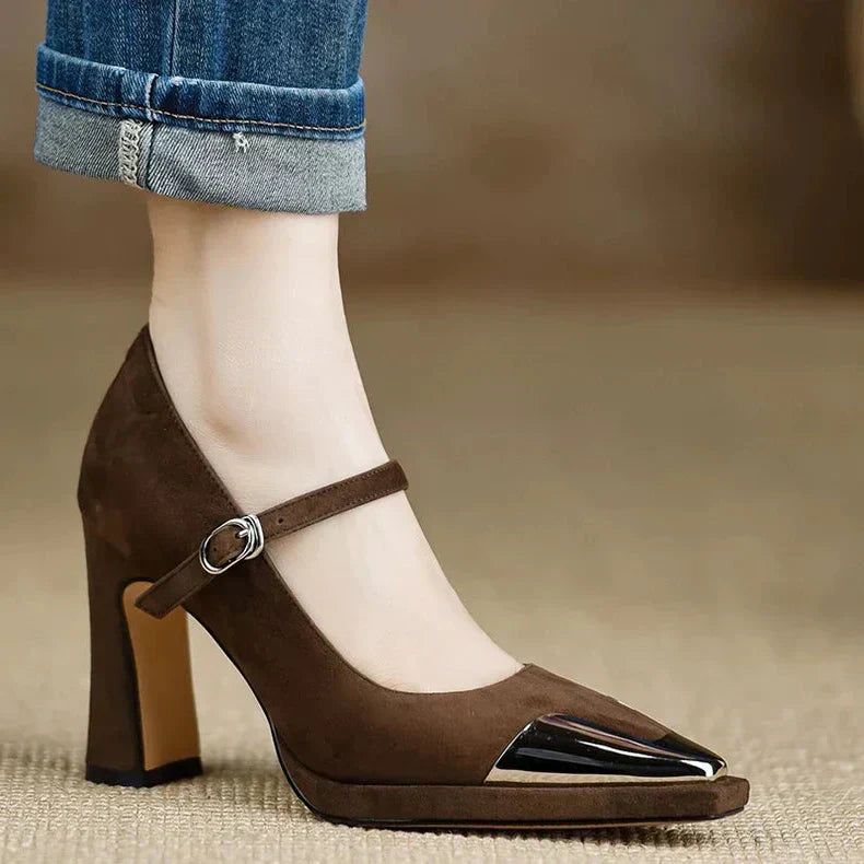 Women's Mary Jane Heels - Block Heel - Metal Toe Cap - Ankle Strap